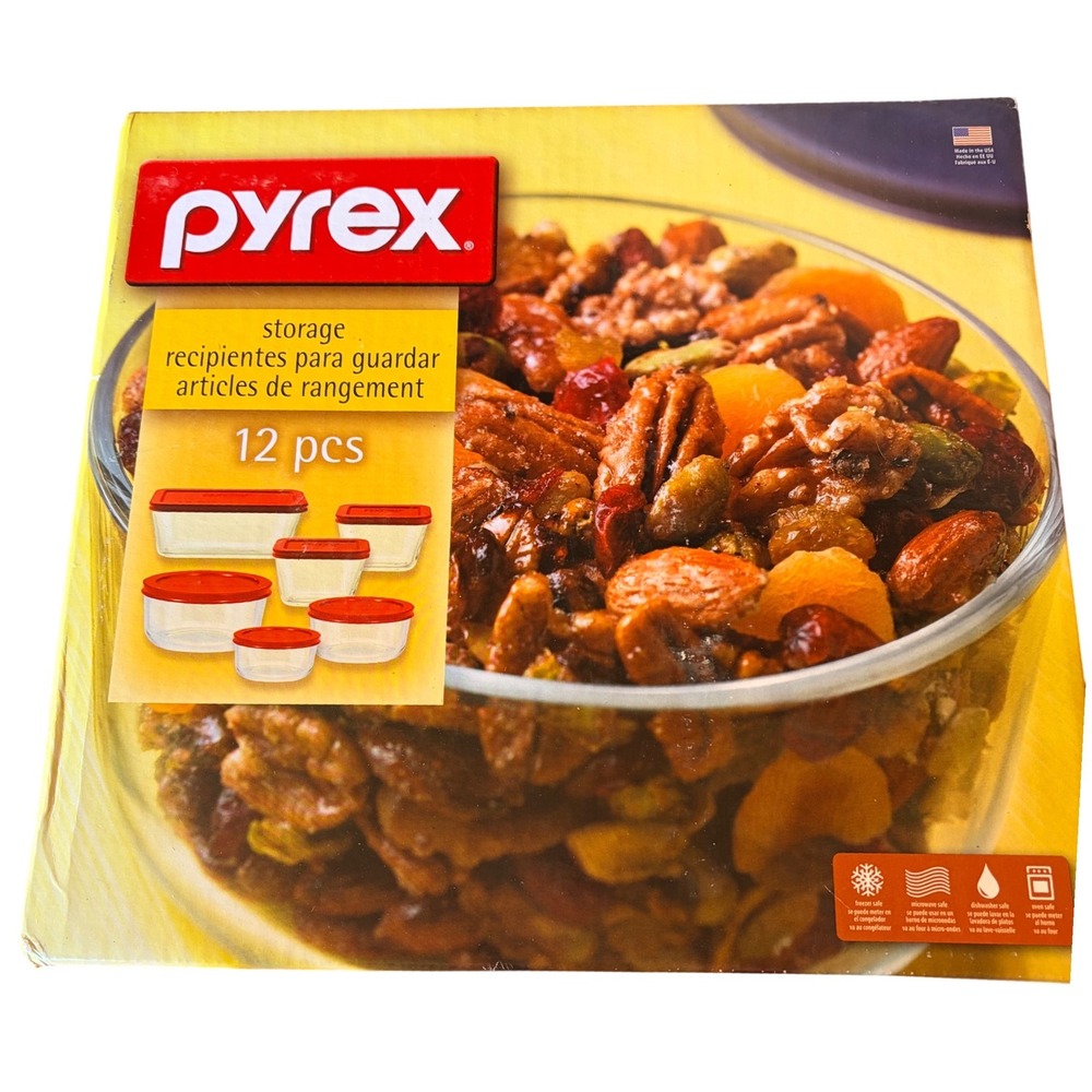 Pyrex 12 Piece Glass Food Storage Set with Red Lids New in Box Made in USA